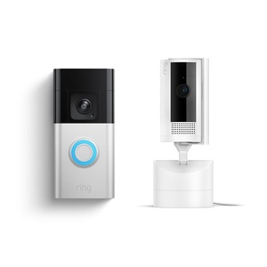 Ring Pan-Tilt Indoor Cam, White with Ring Battery Doorbell Pro, Satin Nickel